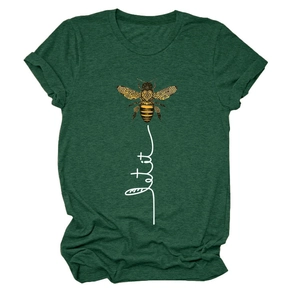 Detail of forest green cotton T-shirt featuring a bee print and let it be text