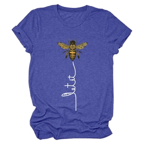 Detailed view of bee graphic and Let it be script on blue short sleeve cotton t-shirt