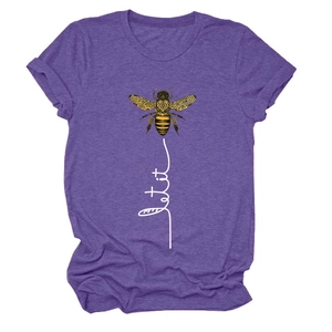 Close-up of let it bee print and mandala bee design on purple heather cotton t-shirt