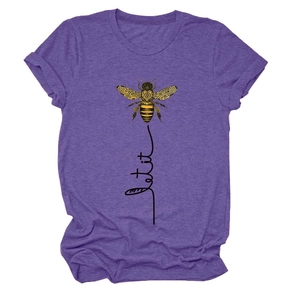 Detailed view of the bee graphic and artistic 'let it' script on a purple T-shirt