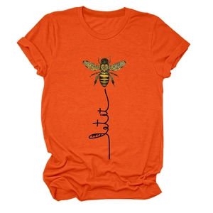 Detail of Let it bee honey bee print and mandala wing texture on orange cotton t-shirt
