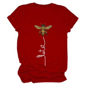 Detail of Let it be bee print on comfortable wine red crew neck cotton t-shirt