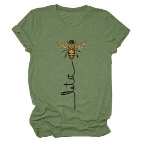 Detail of honeybee illustration and 'let it' script on a green cotton t-shirt
