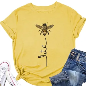 Women Casual Short Sleeve Round Neck T-Shirt Cotton Blend Bee Graphic Let It Be Print Vintage Loose Fashion Top