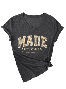 Detail of V-neck charcoal grey T-shirt with floral Made for More graphic and sleeve rolls