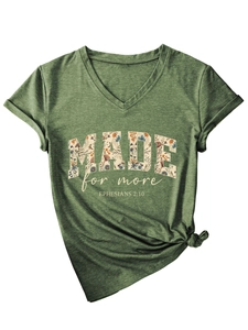 Detail of V-neck T-shirt in dark green with floral MADE for more print and a stylish side knot