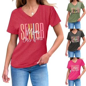 Detail view of V-neck T-shirts in red, green, grey, and pink for Senior Mom Class of 2026