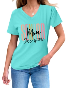 Close-up of V-neckline and colorful Senior Mom Class of 2026 print on turquoise T-shirt