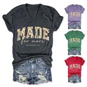 Women V-Neck T-Shirt Cotton Blend Short Sleeve Made For More Floral Graphic Loose Fit Casual Top