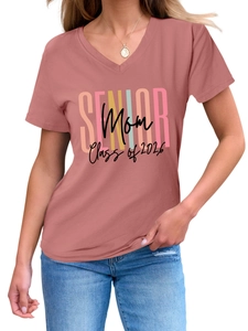 Detail of V-neck short sleeve dusty rose t-shirt with Senior Mom Class of 2026 print