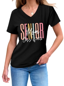 Detail of V-neckline and colorful Senior Mom Class of 2026 print on black cotton t-shirt