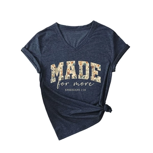 Women's V-neck T-shirt in navy heather with 'MADE for more' floral graphic print
