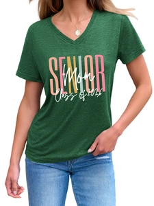 Detail of V-neck dark green T-shirt with Senior Mom Class of 2026 graphic print