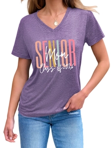 Close-up of Class of 2026 print on purple V-neck t-shirt made of soft blended cotton
