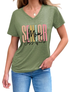 Detail of V-neck olive green T-shirt featuring Senior Mom Class of 2026 graphic print