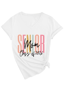 Close-up of Class of 2026 Senior Mom lettering on a white V-neck cotton T-shirt