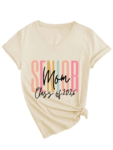 Detail of cream V-neck T-shirt featuring a colorful Senior Mom Class of 2026 print