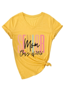 Detail of V-neck yellow t-shirt with Class of 2026 Senior Mom print and side knot