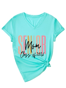 Detail of V-neck mint green T-shirt with Senior Mom Class of 2026 print and tied hem