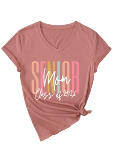 Close-up of V-neck dusty pink t-shirt with Senior Mom Class of 2026 colorful print