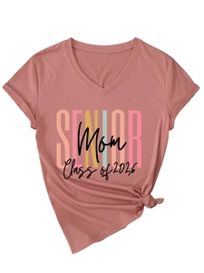 Detail of V-neck T-shirt showing Senior Mom Class of 2026 print and stylish side knot