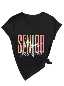 Detail of V-neck T-shirt featuring Senior Mom Class of 2026 print and trendy hem knot
