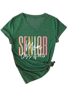 Detail of V-neck dark green Senior Mom Class of 2026 T-shirt with a decorative side knot