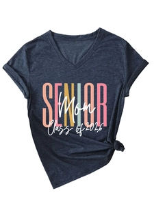 Detail of V-neck T-shirt with Senior Mom Class of 2026 print on dark heather grey fabric
