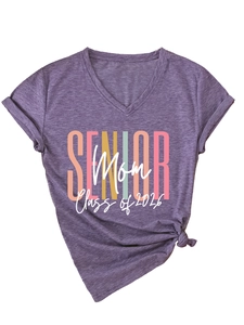 Detailed flat lay of purple V-neck T-shirt with Senior Mom Class of 2026 print