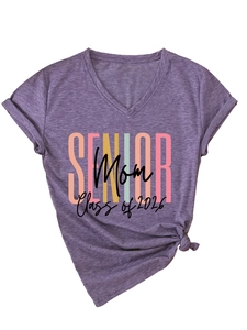 Detail of V-neck purple heather T-shirt featuring Senior Mom Class of 2026 graphic print