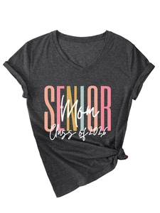 Detail of Charcoal Grey V-neck T-shirt with Senior Mom Class of 2026 print and side knot