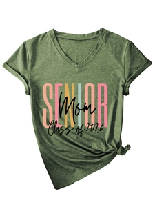 Detail of V-neck dark green cotton t-shirt with Senior Mom Class of 2026 print and side knot