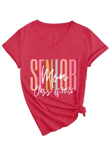 Detail of red V-neck T-shirt featuring Class of 2026 Senior Mom printed graphic