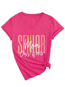 Detail of V-neck fuchsia t-shirt with Class of 2026 print and front knot hem design