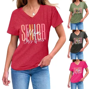 Women V Neck Short Sleeve T Shirt Cotton Blend Class Of 2026 Senior Mom Letter Print Casual Loose Top