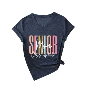 Dark gray V-neck T-shirt featuring Senior Mom Class of 2026 colorful artistic print
