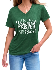 Detail of V-neck T-shirt in dark green featuring I'M THE youngest sister white print