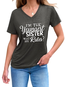 Detail of V-neck grey marl T-shirt with white I'm the youngest sister text print