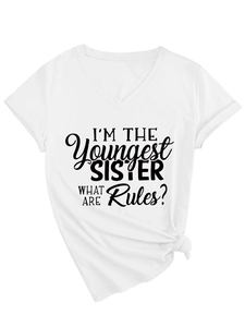 Detail of white V-neck T-shirt with I'm the Youngest Sister print and stylish front hem knot
