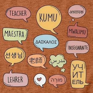 Detail of colorful teacher prints in multiple languages on soft brown cotton fabric