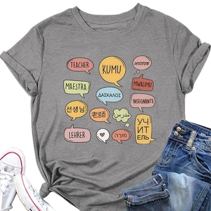 Detail of grey crewneck t-shirt fabric with colorful multilingual teacher prints
