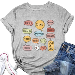 Detailed view of grey t-shirt featuring multicolor multilingual teacher text design