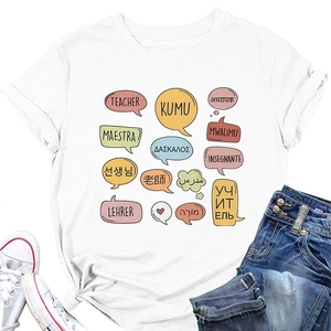 Flat lay of white cotton teacher T-shirt with multi-language greeting print