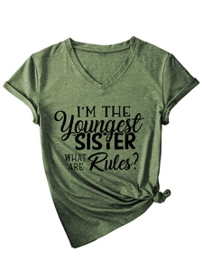 Detail of army green V-neck T-shirt with Youngest Sister text and side knot detail