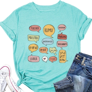 Detailed close-up of a teal cotton teacher t-shirt with multi-language typography print