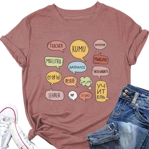 Detail of a vintage red crew neck t-shirt with multi-language teacher theme print design