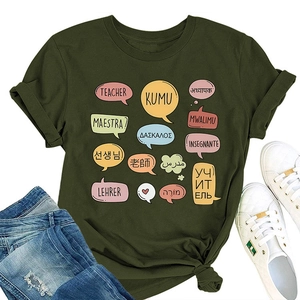 Detail of olive green t-shirt with multilingual teacher print and casual denim styling
