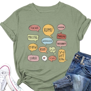 Detail of sage green teacher t-shirt with multilingual print and stylish side knot