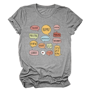 Detail of grey crewneck T-shirt with teacher word print in multiple languages