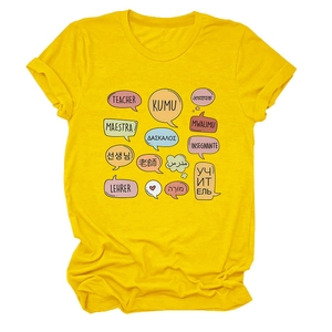 Detail of ginger yellow teacher-themed t-shirt with multi-language graphic print